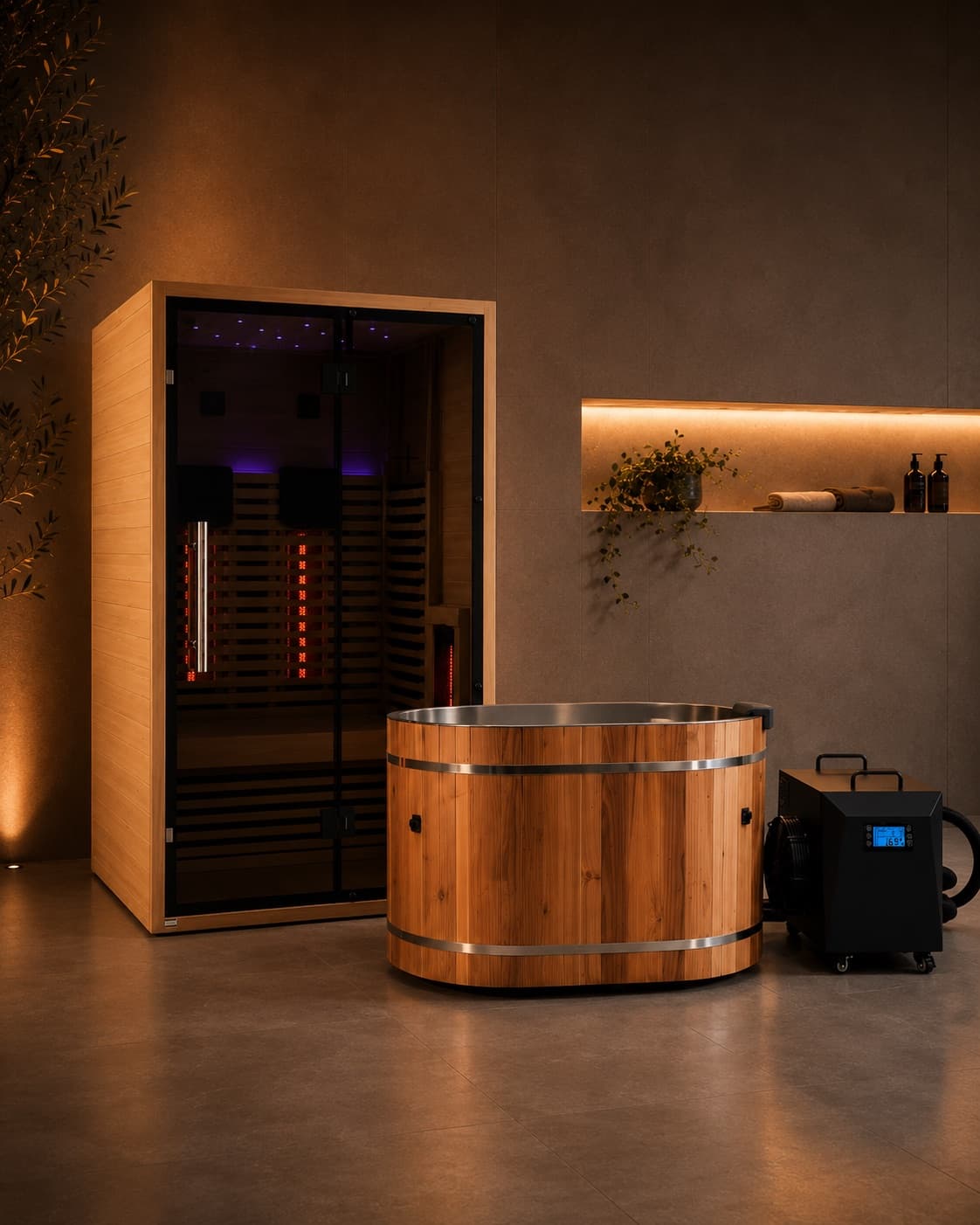 Premium recovery setup: a wooden infrared sauna and ice bath in a serene wellness space